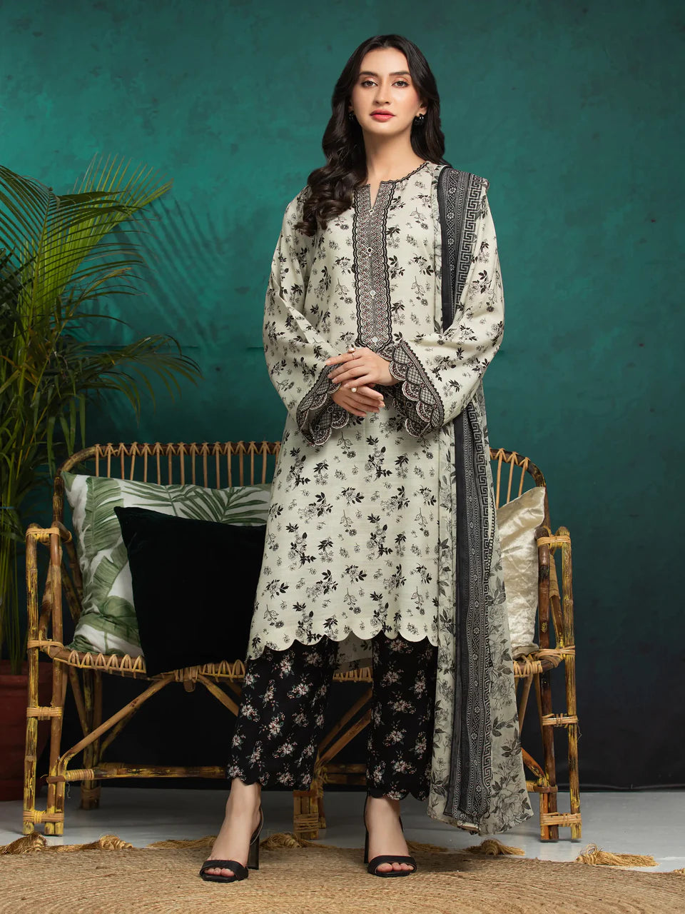 Unstitched Dark Cream Embroidered Raw Silk 3 Piece