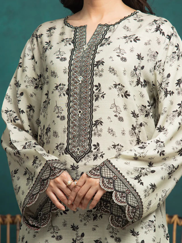 Unstitched Dark Cream Embroidered Raw Silk 3 Piece